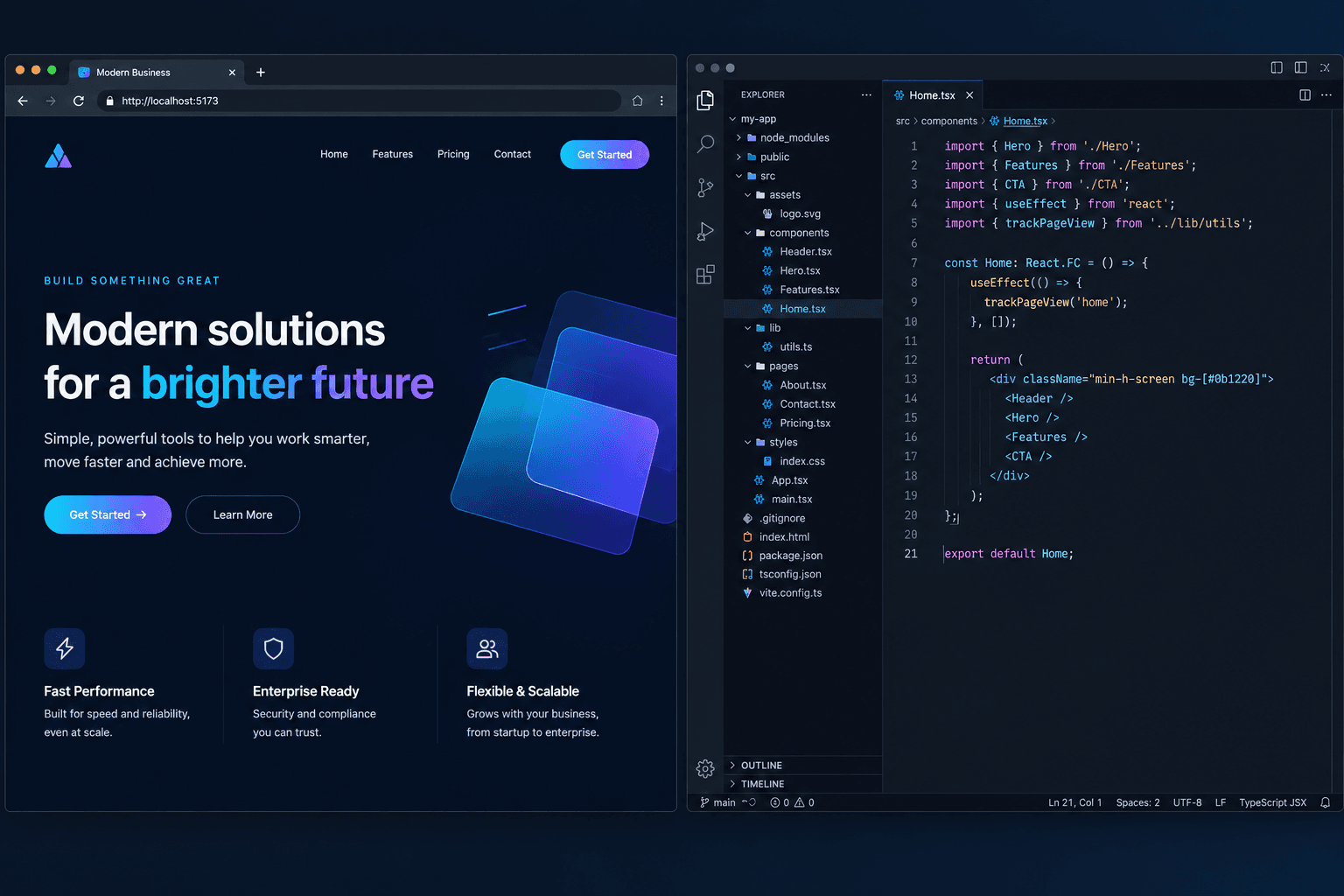 Browser preview of a website next to the code editor it was built in