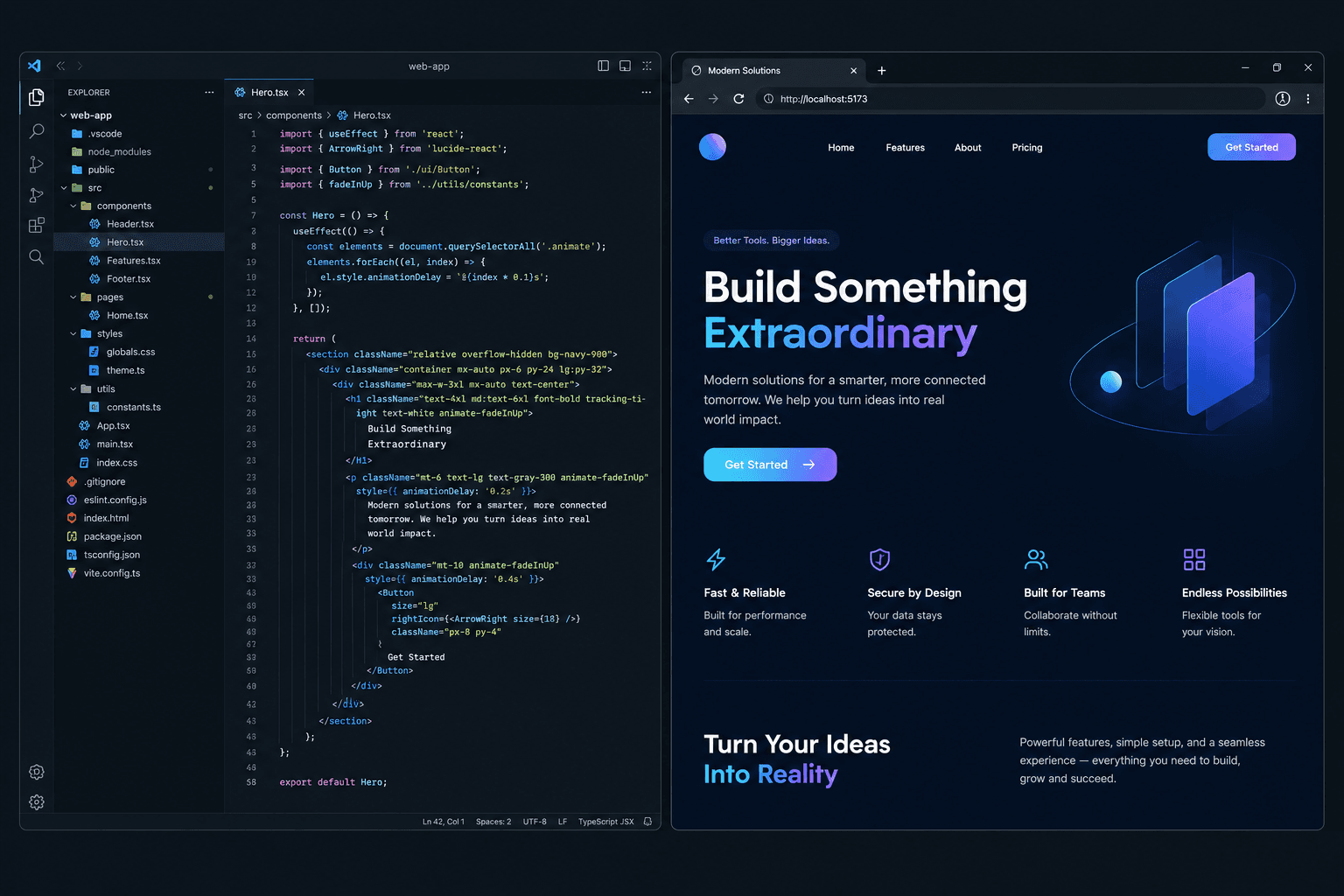 Code editor and live browser preview of a website being developed